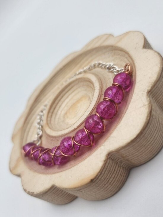 Handmade Wire-wrapped Adjustable Pink Beaded Bracelet - Picture 3 of 4